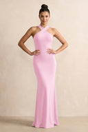 Pink Crisscross Halter Sheath Satin Bridesmaid Dress with Bow | KISSBRIDAL