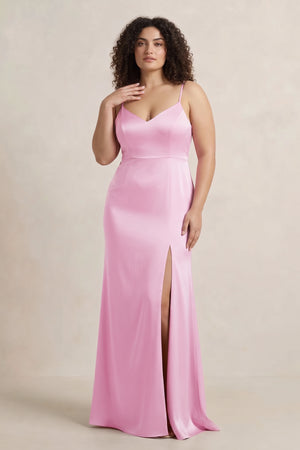 Pink Spaghetti Strap Sheath Satin Bridesmaid Dress [sizeplus] | KISSBRIDAL