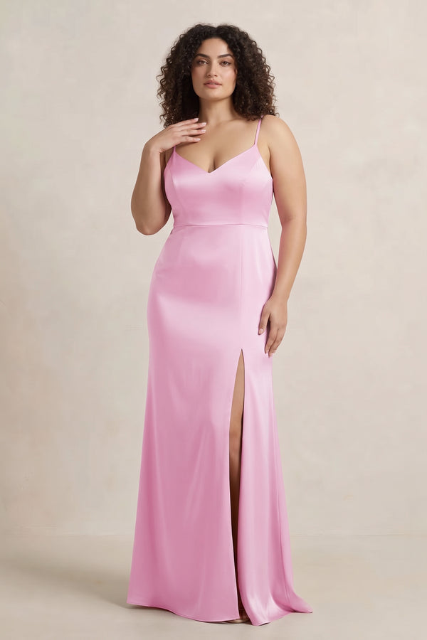 Pink Spaghetti Strap Sheath Satin Bridesmaid Dress [sizeplus] | KISSBRIDAL