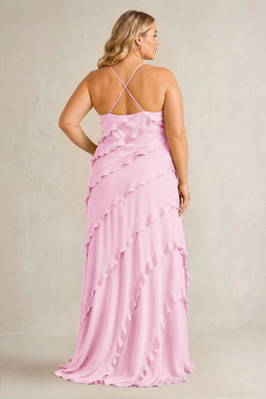 Pink Spaghetti Straps Sheath Stain Ruffled Bridesmaid Dress (2) | KISSBRIDAL[sizeplus]