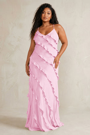 Pink Spaghetti Straps Sheath Stain Ruffled Bridesmaid Dress (3) | KISSBRIDAL[sizeplus]