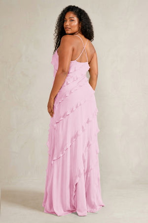 Pink Spaghetti Straps Sheath Stain Ruffled Bridesmaid Dress (4) | KISSBRIDAL[sizeplus]