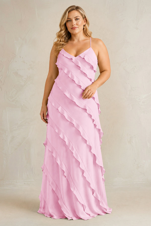 Pink Spaghetti Straps Sheath Stain Ruffled Bridesmaid Dress | KISSBRIDAL[sizeplus]