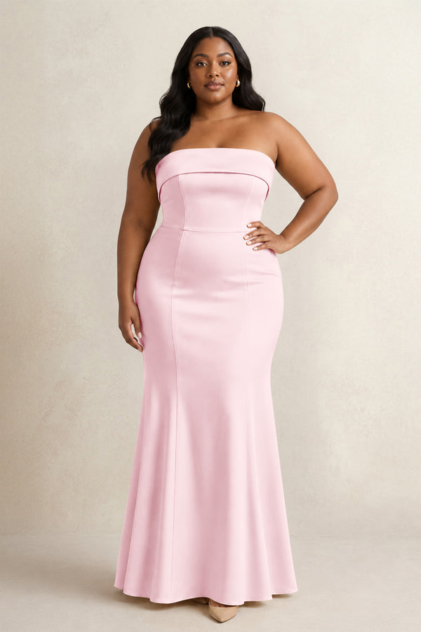 Pink Strapless Satin Mermaid Bridesmaid Dress (3) [sizeplus] | KISSBRIDAL