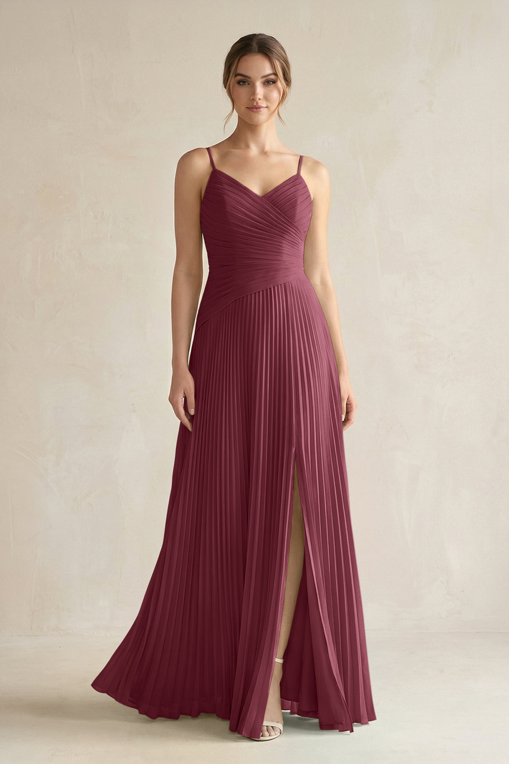 Pleated A-Line Long Chiffon Bridesmaid Dress in Desert Rose