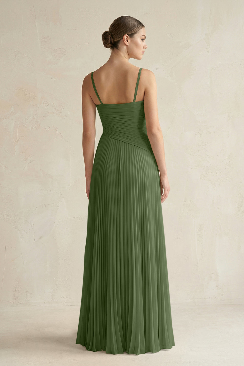 Pleated A-Line Long Chiffon Bridesmaid Dress in Moss