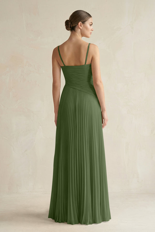 Pleated A-Line Long Chiffon Bridesmaid Dress in Moss (2) | KISSBRIDAL