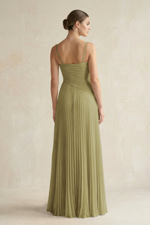 Pleated A-Line Long Chiffon Bridesmaid Dress in Moss Green (2) | KISSBRIDAL
