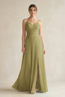 Pleated A-Line Long Chiffon Bridesmaid Dress in Moss Green | KISSBRIDAL