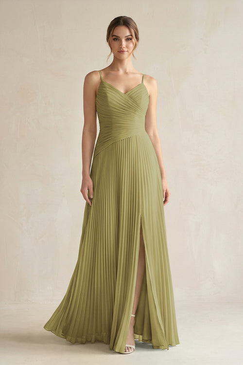 Pleated A-Line Long Chiffon Bridesmaid Dress in Moss Green | KISSBRIDAL