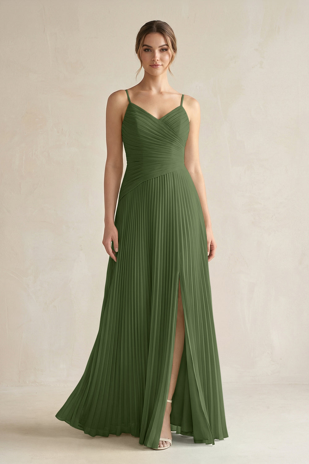 Pleated A-Line Long Chiffon Bridesmaid Dress in Moss