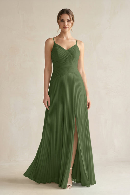 Pleated A-Line Long Chiffon Bridesmaid Dress in Moss | KISSBRIDAL