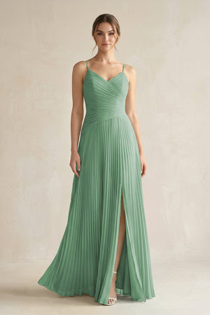 Pleated A - Line Long Chiffon Bridesmaid Dress in Sea Glass - SHE IS ME Bridesmaid Dresses