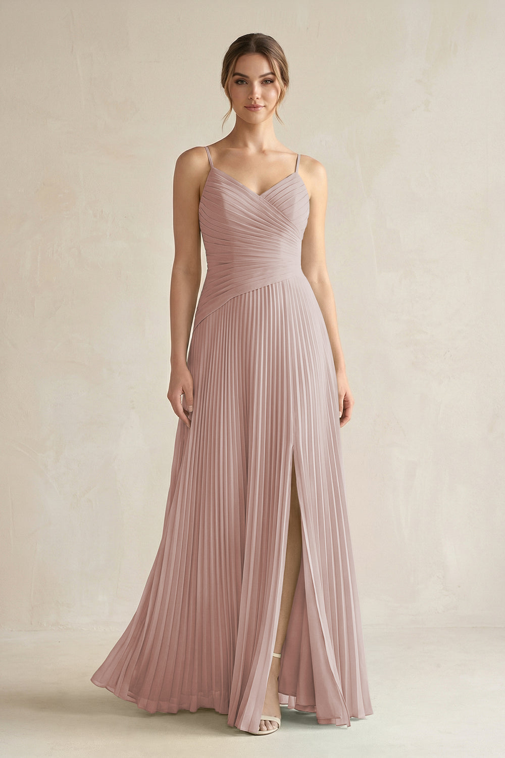 Pleated A-Line Long Chiffon Bridesmaid Dress in Toffee