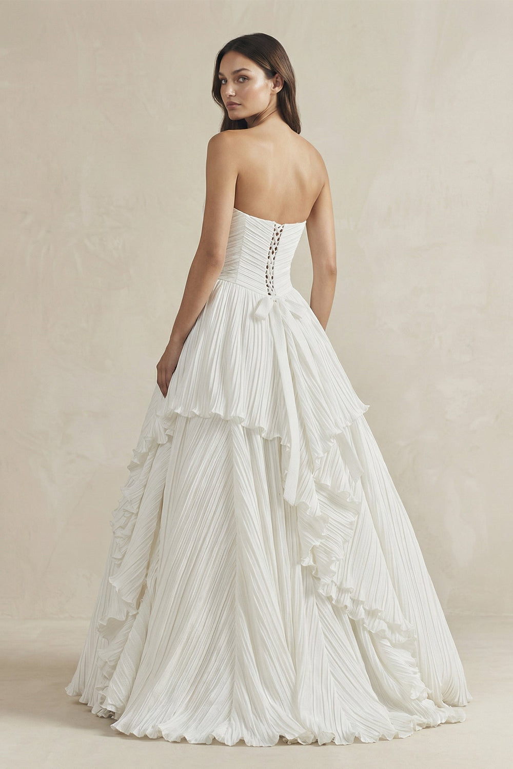 Pleated A - Line Ruffled Strapless Wedding Dress in White - KISS BRIDAL Wedding Dresses
