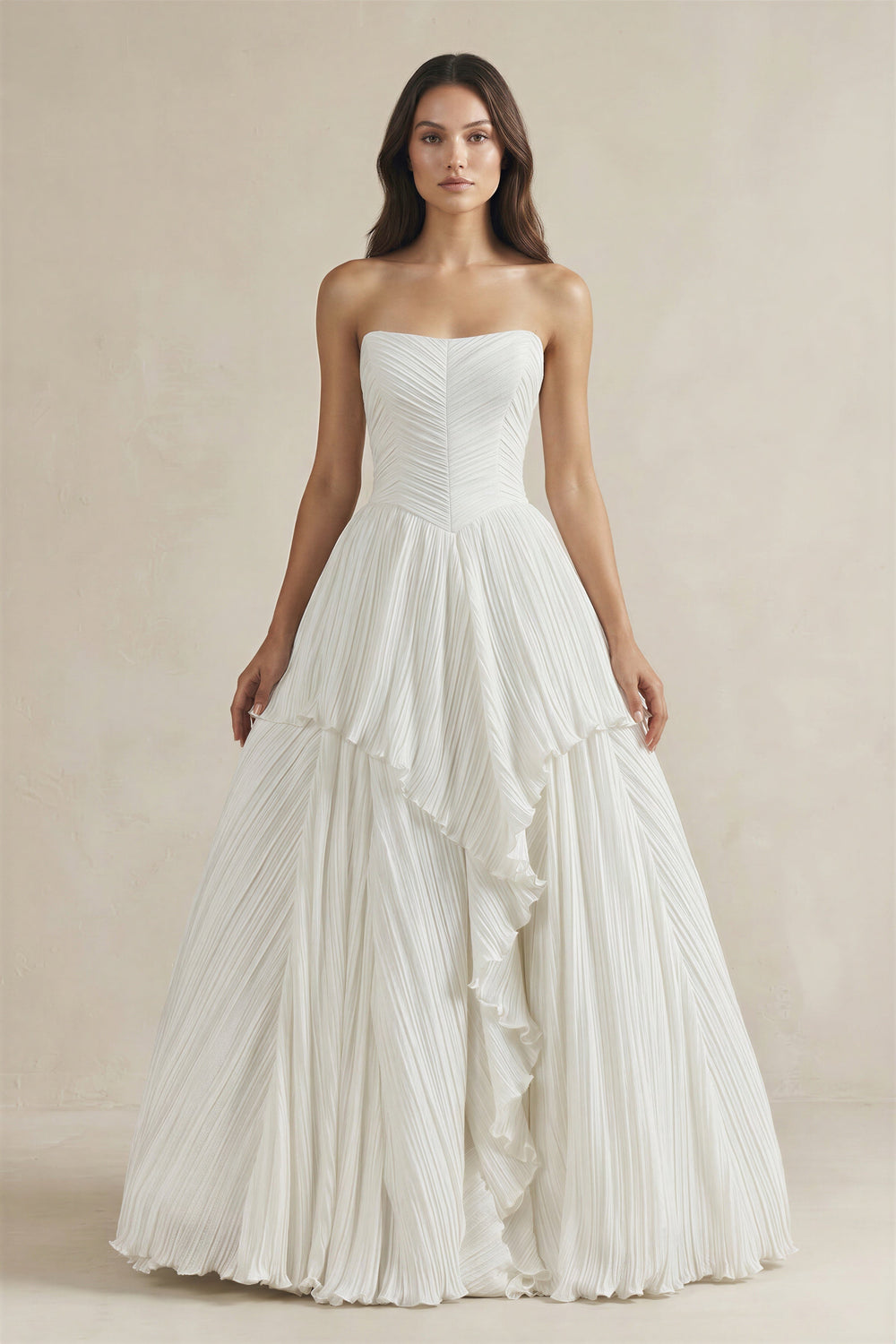Pleated A - Line Ruffled Strapless Wedding Dress in White - KISS BRIDAL Wedding Dresses
