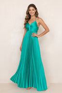 Pleated A-Line V-Neck Stretch Satin Maxi Dress in Viridian Green – SHE IS ME Dresses