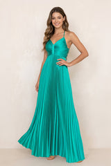 Pleated A-Line V-Neck Stretch Satin Maxi Dress in Viridian Green – KISS BRIDAL