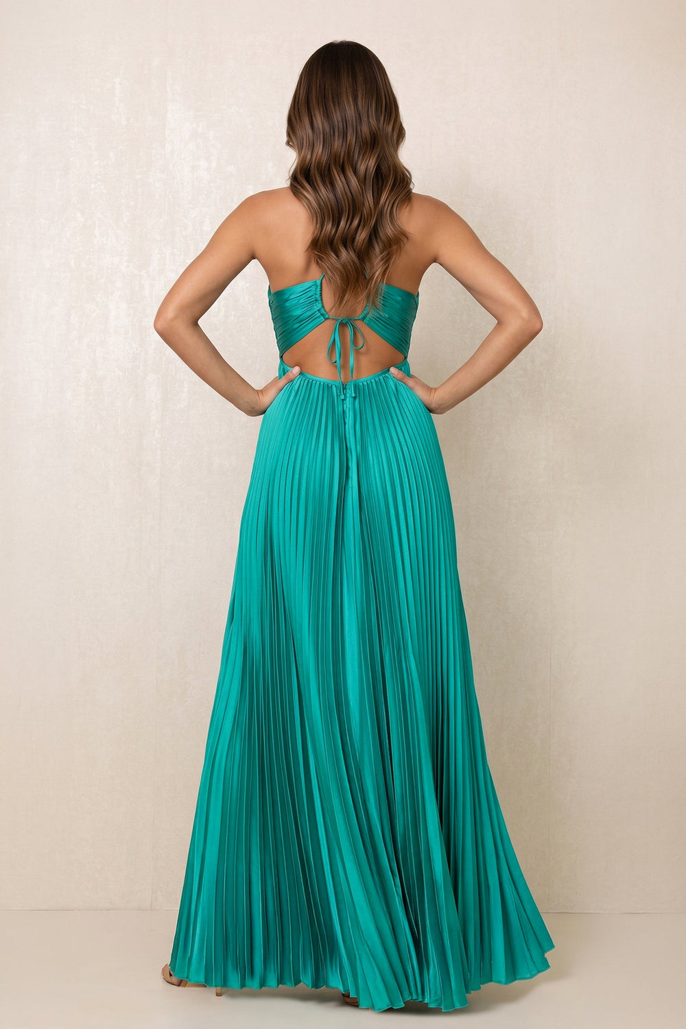 Pleated A-Line V-Neck Stretch Satin Maxi Dress in Viridian Green – KISS BRIDAL Dresses