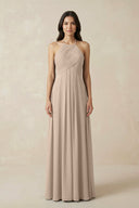 A-Line Halter Neck Pleated Chiffon Bridesmaid Dress in Almond - KISS BRIDAL BRIDESMAID DRESSES