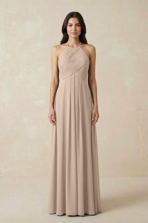 A-Line Halter Neck Pleated Chiffon Bridesmaid Dress in Almond - KISS BRIDAL BRIDESMAID DRESSES