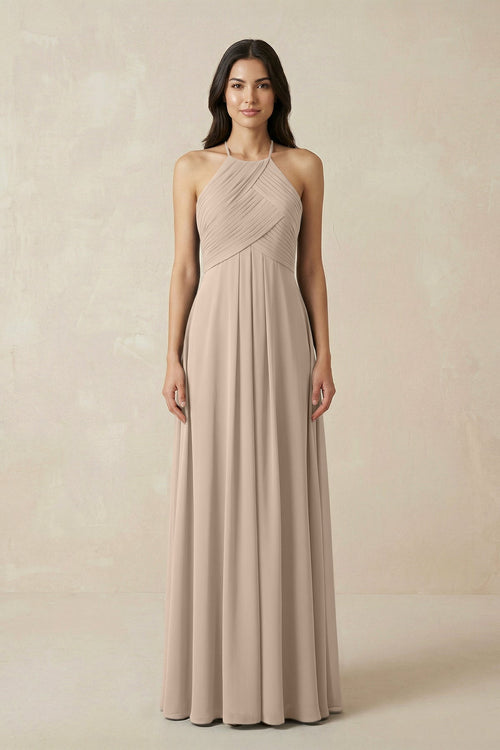 A-Line Halter Neck Pleated Chiffon Bridesmaid Dress in Almond - KISS BRIDAL BRIDESMAID DRESSES