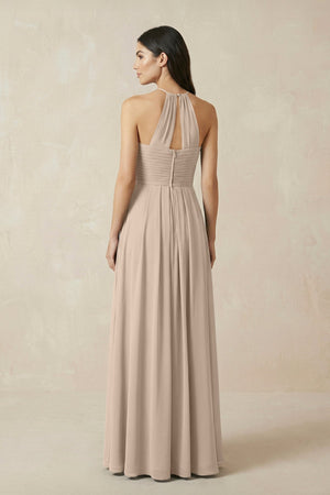 A-Line Halter Neck Pleated Chiffon Bridesmaid Dress in Almond - KISS BRIDAL BRIDESMAID DRESSES