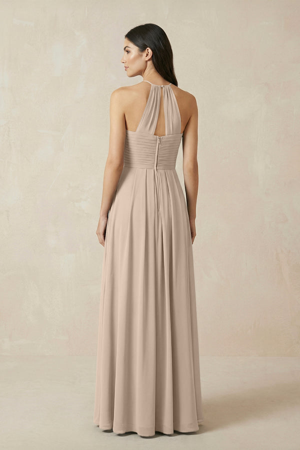 A-Line Halter Neck Pleated Chiffon Bridesmaid Dress in Almond - KISS BRIDAL BRIDESMAID DRESSES