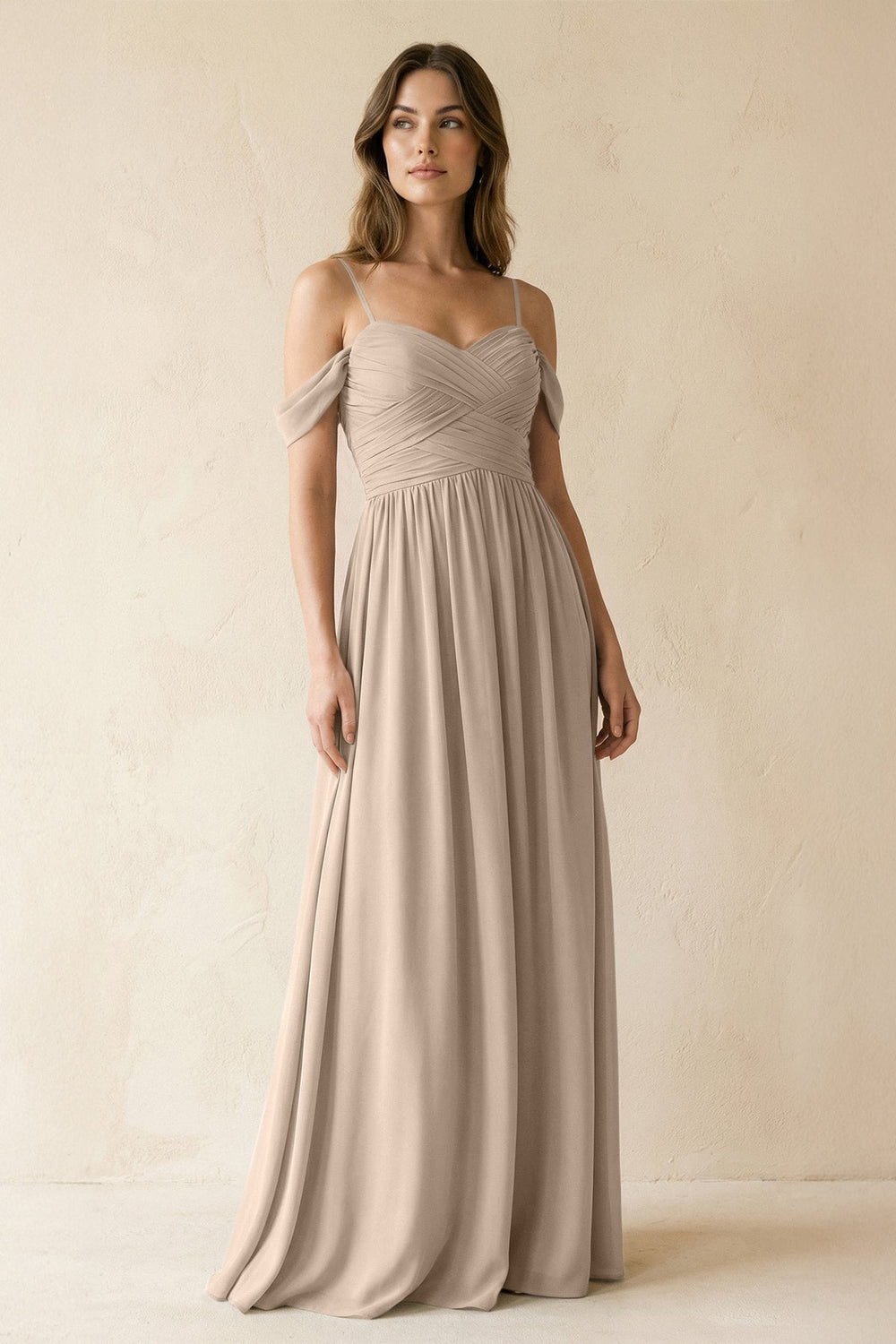 A-Line Off-the-Shoulder Pleated Chiffon Bridesmaid Dress in Almond - KISS BRIDAL BRIDESMAID DRESSES