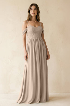 A-Line Off-the-Shoulder Pleated Chiffon Bridesmaid Dress in Almond - SHE IS ME BRIDESMAID DRESSES