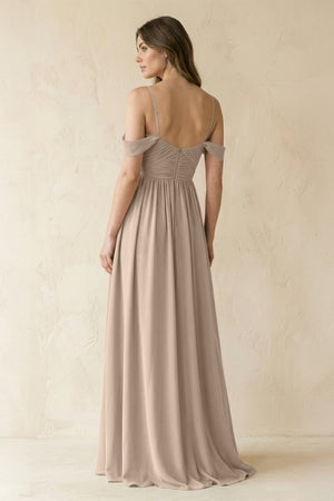 A-Line Off-the-Shoulder Pleated Chiffon Bridesmaid Dress in Almond - SHE IS ME BRIDESMAID DRESSES