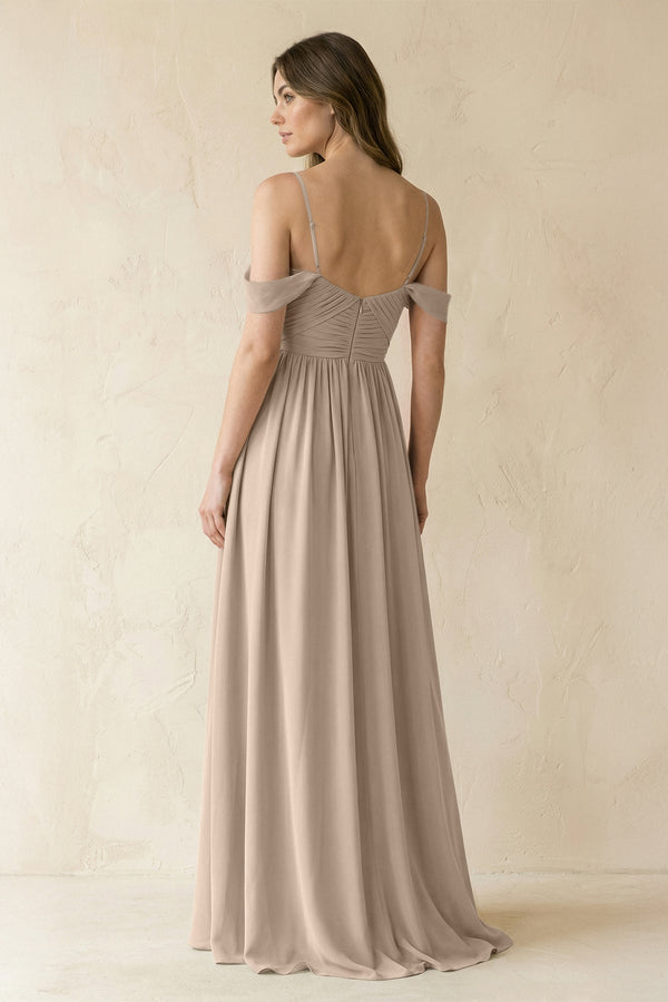 A-Line Off-the-Shoulder Pleated Chiffon Bridesmaid Dress in Almond - SHE IS ME BRIDESMAID DRESSES
