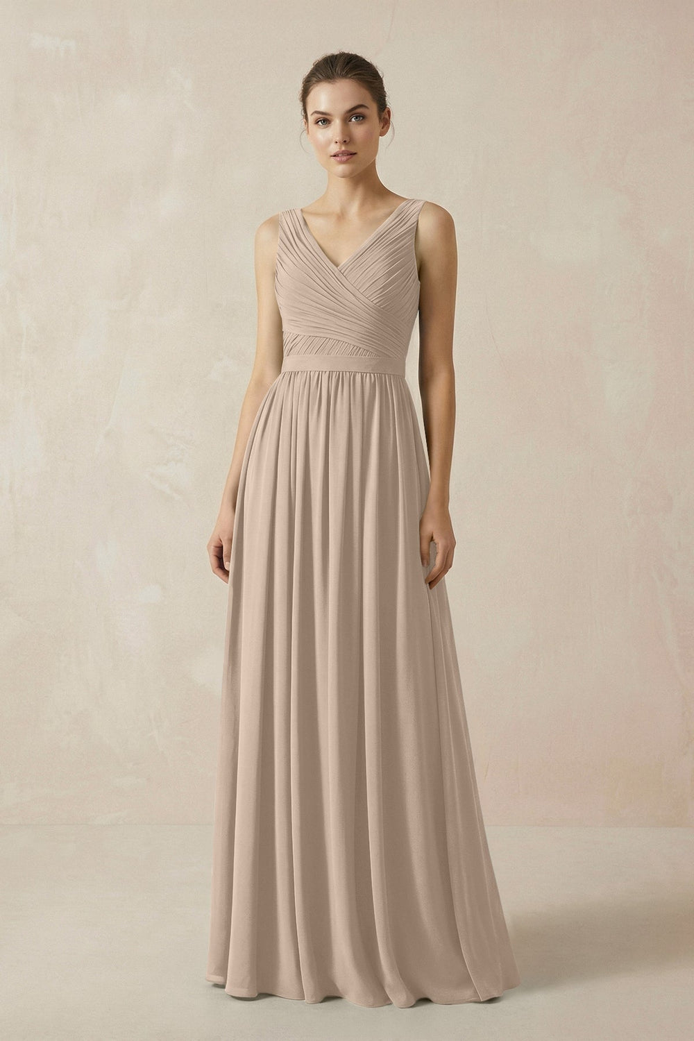 A-Line V-Neck Pleated Chiffon Bridesmaid Dress in Almond - KISS BRIDAL BRIDESMAID DRESSES