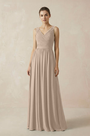 A-Line V-Neck Pleated Chiffon Bridesmaid Dress in Almond - SHE IS ME BRIDESMAID DRESSES