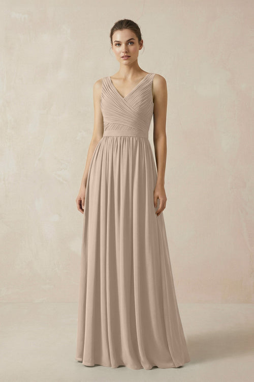 A-Line V-Neck Pleated Chiffon Bridesmaid Dress in Almond - SHE IS ME BRIDESMAID DRESSES