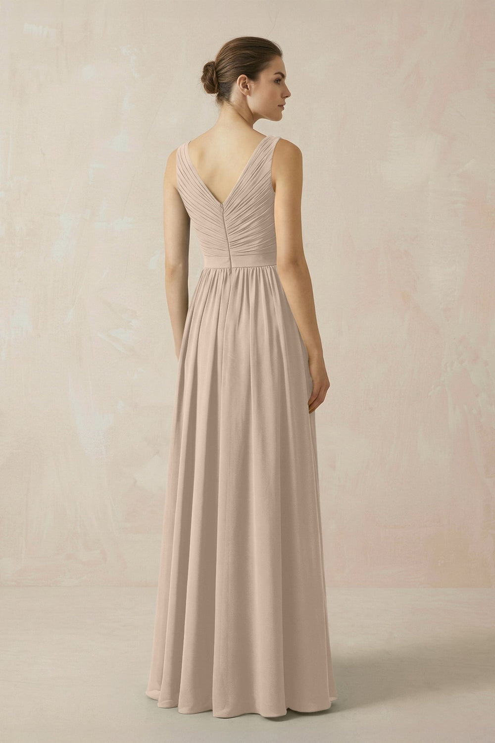 A-Line V-Neck Pleated Chiffon Bridesmaid Dress in Almond - KISS BRIDAL BRIDESMAID DRESSES