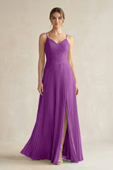Pleated A-Line Long Chiffon Bridesmaid Dress in Amethyst