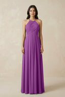 A-Line Halter Neck Pleated Chiffon Bridesmaid Dress in Amethyst - KISS BRIDAL BRIDESMAID DRESSES