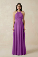 A-Line Halter Neck Pleated Chiffon Bridesmaid Dress in Amethyst - KISS BRIDAL BRIDESMAID DRESSES
