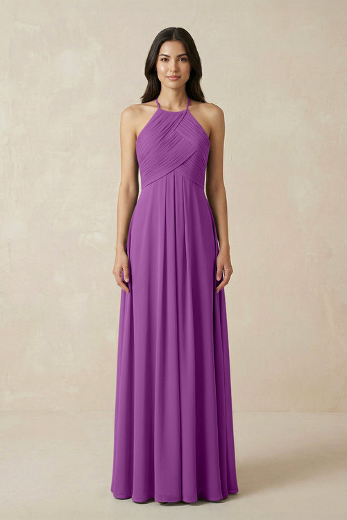 A-Line Halter Neck Pleated Chiffon Bridesmaid Dress in Amethyst - KISS BRIDAL BRIDESMAID DRESSES
