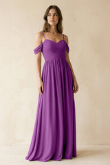 A-Line Off-the-Shoulder Pleated Chiffon Bridesmaid Dress in Amethyst - KISS BRIDAL BRIDESMAID DRESSES
