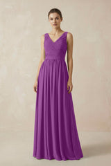 A-Line V-Neck Pleated Chiffon Bridesmaid Dress in Amethyst - KISS BRIDAL BRIDESMAID DRESSES
