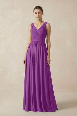 A-Line V-Neck Pleated Chiffon Bridesmaid Dress in Amethyst - SHE IS ME BRIDESMAID DRESSES