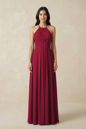A-Line Halter Neck Pleated Chiffon Bridesmaid Dress in Berry - KISS BRIDAL BRIDESMAID DRESSES