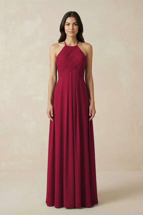 A-Line Halter Neck Pleated Chiffon Bridesmaid Dress in Berry - KISS BRIDAL BRIDESMAID DRESSES