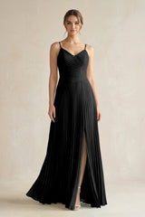 Pleated A-Line Long Chiffon Bridesmaid Dress in Black