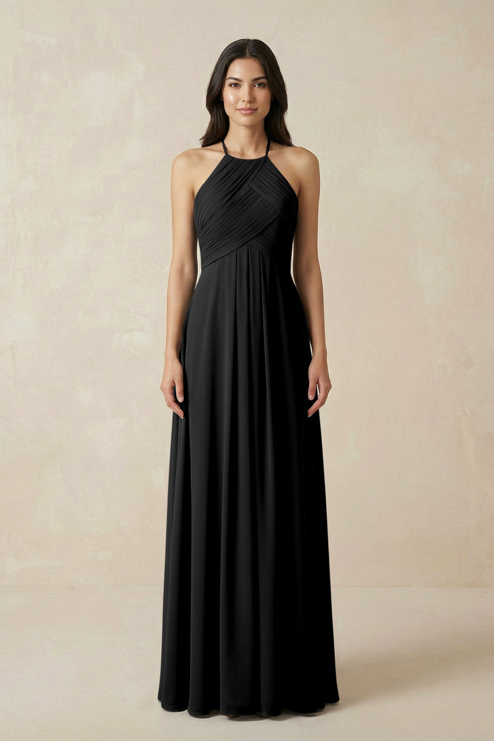 A-Line Halter Neck Pleated Chiffon Bridesmaid Dress in Black - KISS BRIDAL BRIDESMAID DRESSES
