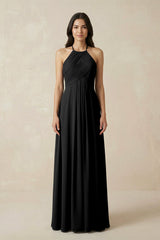 A-Line Halter Neck Pleated Chiffon Bridesmaid Dress in Black - KISS BRIDAL BRIDESMAID DRESSES
