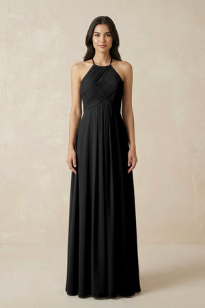 A-Line Halter Neck Pleated Chiffon Bridesmaid Dress in Black - KISS BRIDAL BRIDESMAID DRESSES
