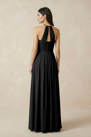 A-Line Halter Neck Pleated Chiffon Bridesmaid Dress in Black - KISS BRIDAL BRIDESMAID DRESSES